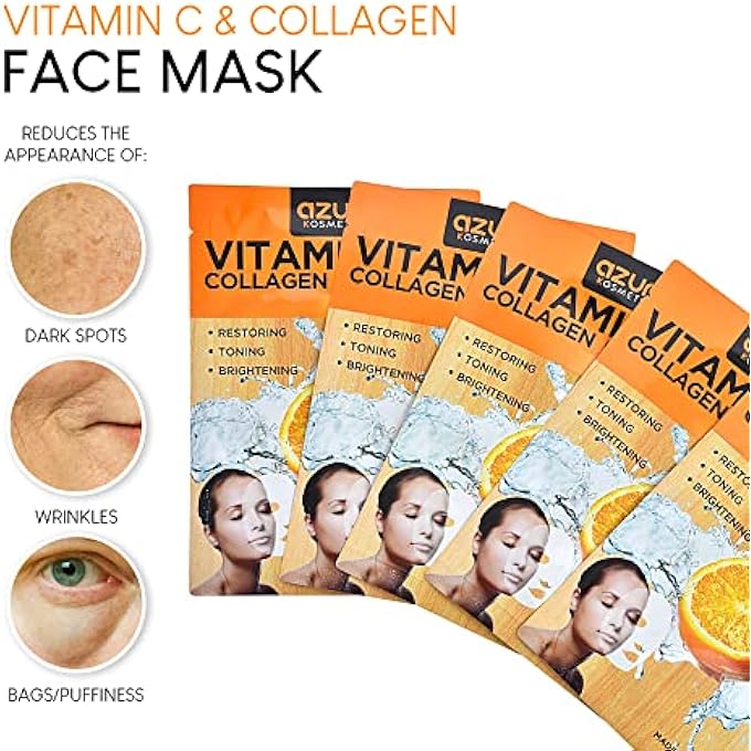 Azure Cosmetics VITAMIN C & COLLAGEN MOISTURIZING FACIAL MASK- ANTI AGING, DEEPLY MOISTURIZING & FIRMING - BRIGHTENING MASK, IMPROVES ELASTICITY - SKIN CARE MADE IN KOREA - 5 PACK - Image 2